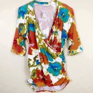 CAbi Soft Side Gather Cross Over Stretchy Blouse M